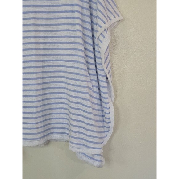 J Jill Striped 100% Linen Fringe Poncho Top Womens Size M/L Blue White Pullover - Picture 4 of 8